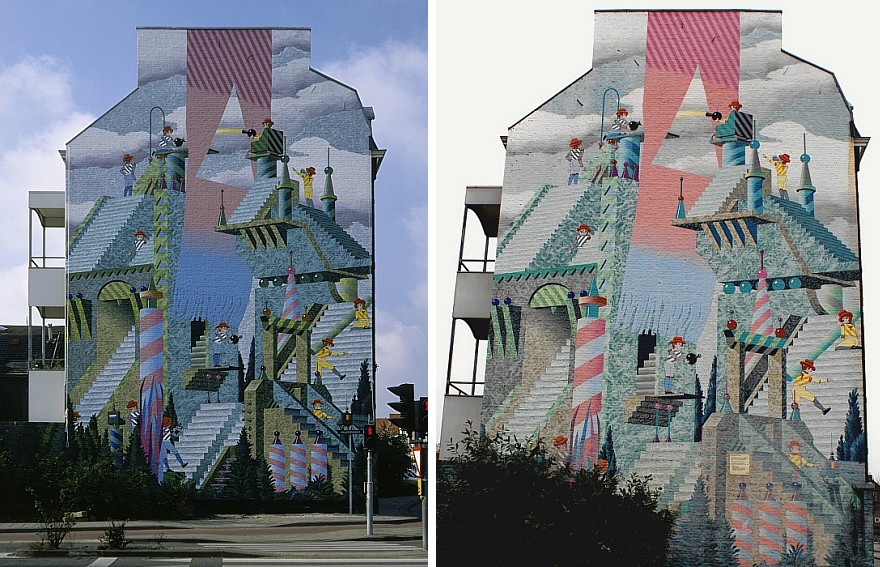 De muurdchildering in 1991 en in 2011